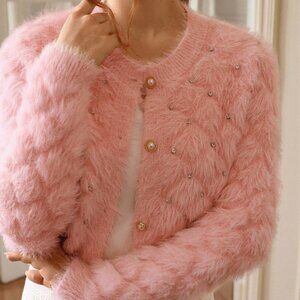 Pink Casual Women's Studded detailed fuzzy button down sweater Cardigan